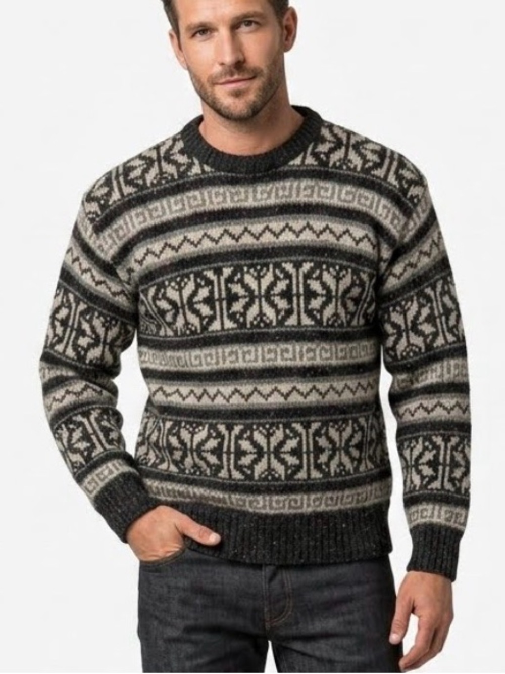 Peter England Vintage 90s Fair Isle Knit Sweater Flecked Geometric Pullover 1879